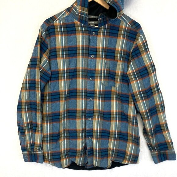 Eddie Bauer Flannel Shirt Jacket Shacket Mens Medium M Classic Fit Hooded Plaid - Picture 3 of 16